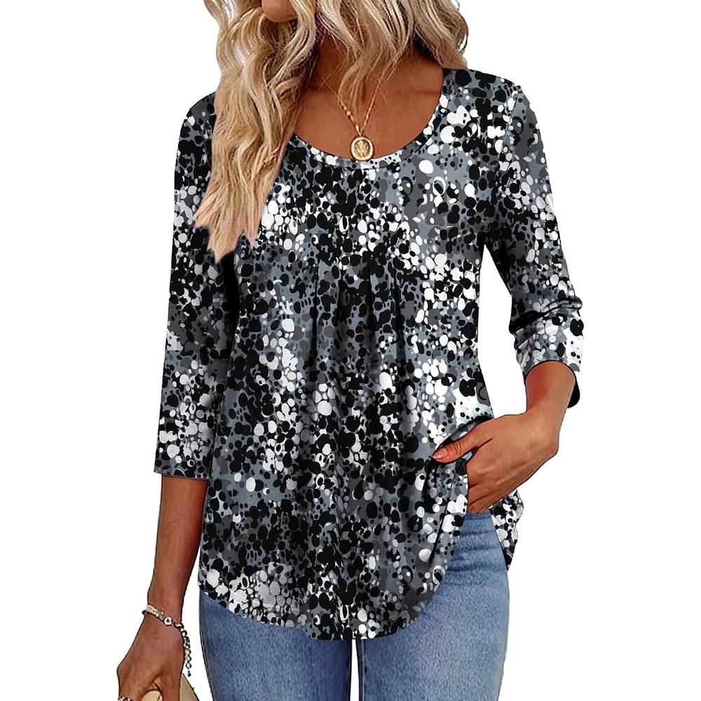 image:imageZeagoo 34 Sleeve Tops for Women Crew Neck Blouses Pleated Casual Shirts Fall Work Clothes 2026Black White 2