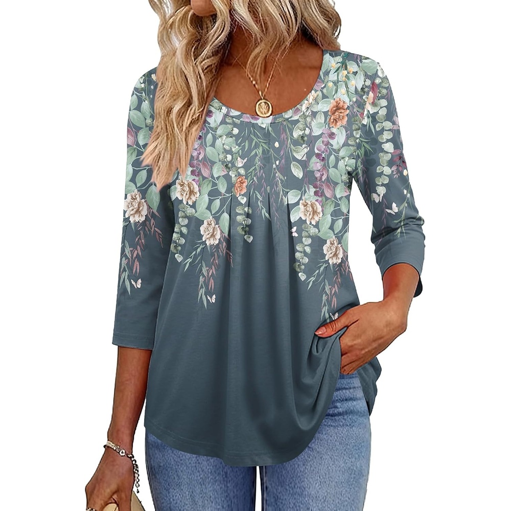 image:imageZeagoo 34 Sleeve Tops for Women Crew Neck Blouses Pleated Casual Shirts Fall Work Clothes 2026Floral Blue
