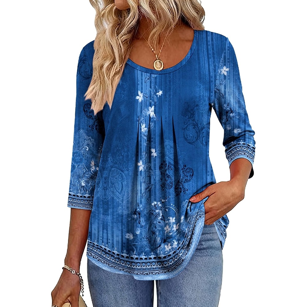 image:imageZeagoo 34 Sleeve Tops for Women Crew Neck Blouses Pleated Casual Shirts Fall Work Clothes 2026Floral Navy