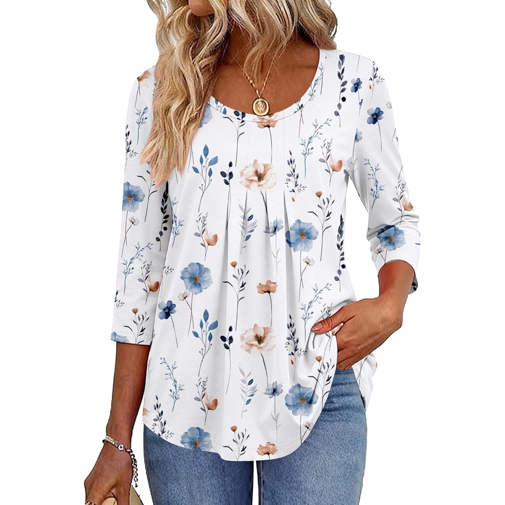 image:imageZeagoo 34 Sleeve Tops for Women Crew Neck Blouses Pleated Casual Shirts Fall Work Clothes 2026Floral White