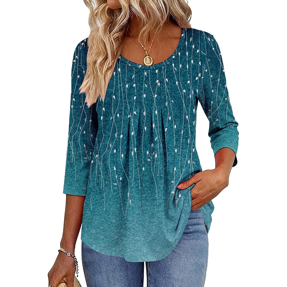 image:imageZeagoo 34 Sleeve Tops for Women Crew Neck Blouses Pleated Casual Shirts Fall Work Clothes 2026Leaf Blue