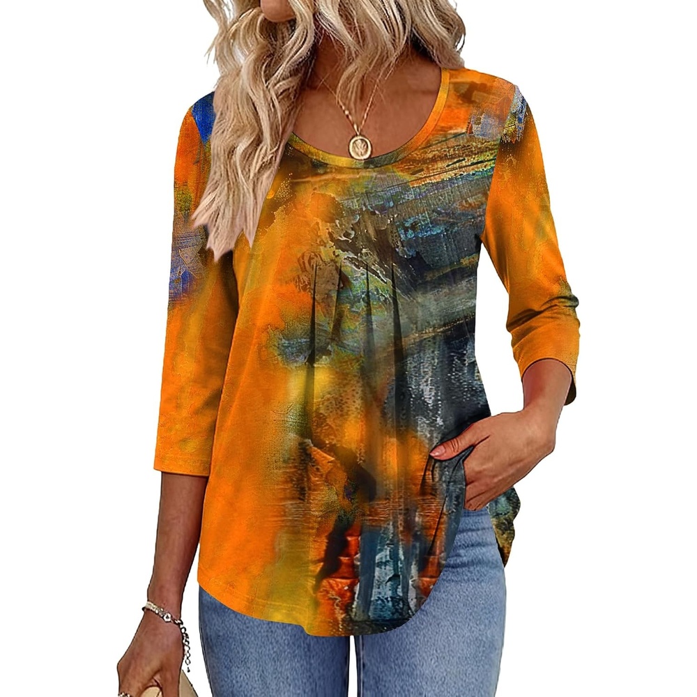 image:imageZeagoo 34 Sleeve Tops for Women Crew Neck Blouses Pleated Casual Shirts Fall Work Clothes 2026Multi 2