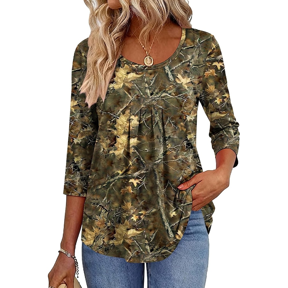 image:imageZeagoo 34 Sleeve Tops for Women Crew Neck Blouses Pleated Casual Shirts Fall Work Clothes 2026Multi 3