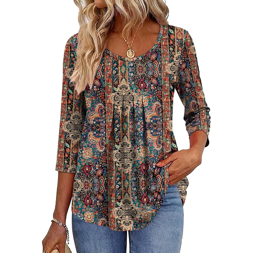image:imageZeagoo 34 Sleeve Tops for Women Crew Neck Blouses Pleated Casual Shirts Fall Work Clothes 2026Multi Floral Mz721