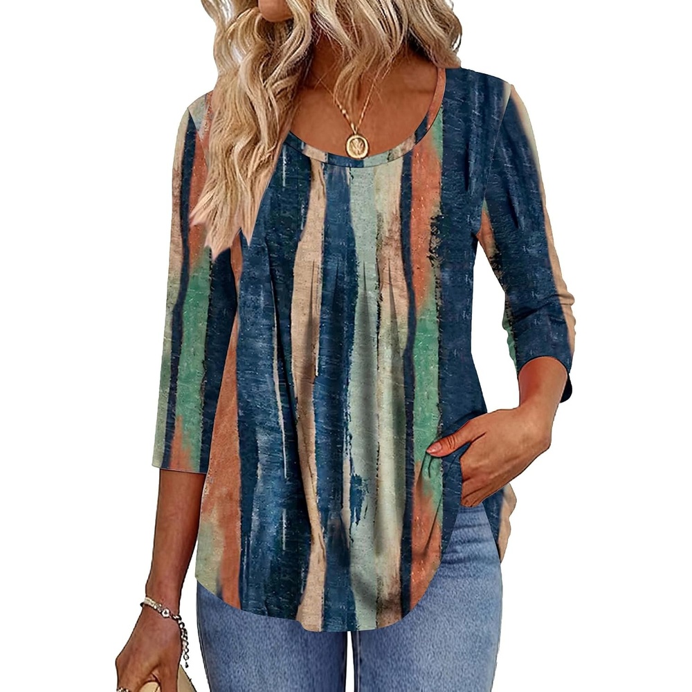 image:imageZeagoo 34 Sleeve Tops for Women Crew Neck Blouses Pleated Casual Shirts Fall Work Clothes 2026Multi Striped Cx89