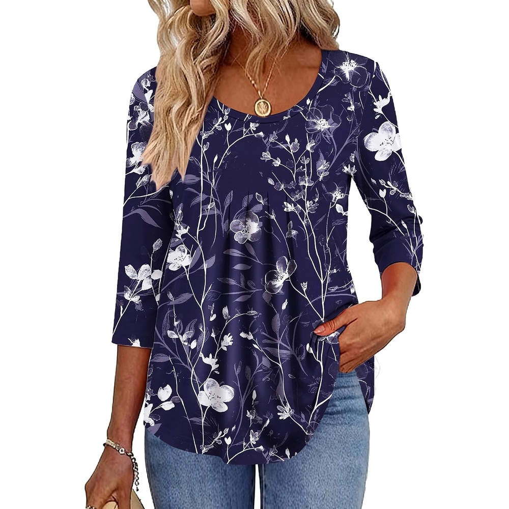 image:imageZeagoo 34 Sleeve Tops for Women Crew Neck Blouses Pleated Casual Shirts Fall Work Clothes 2026Navy White Floral