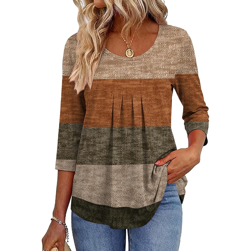image:imageZeagoo 34 Sleeve Tops for Women Crew Neck Blouses Pleated Casual Shirts Fall Work Clothes 2026Stripe Brown