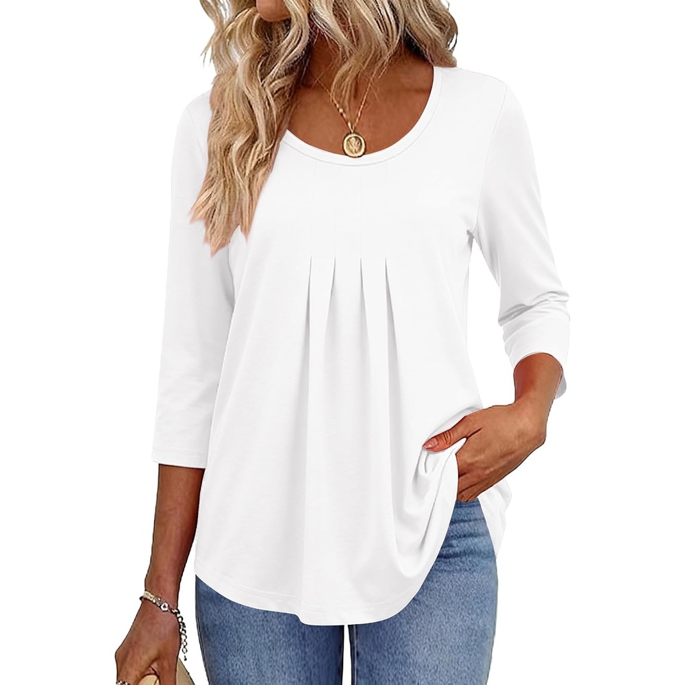 image:imageZeagoo 34 Sleeve Tops for Women Crew Neck Blouses Pleated Casual Shirts Fall Work Clothes 2026White