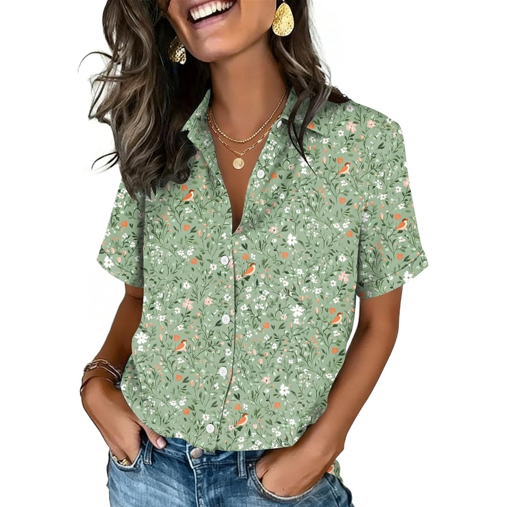 image:imageZeagoo Button Down Shirts for Women Short Sleeve Tops Dressy Casual BlousesGreen Florals