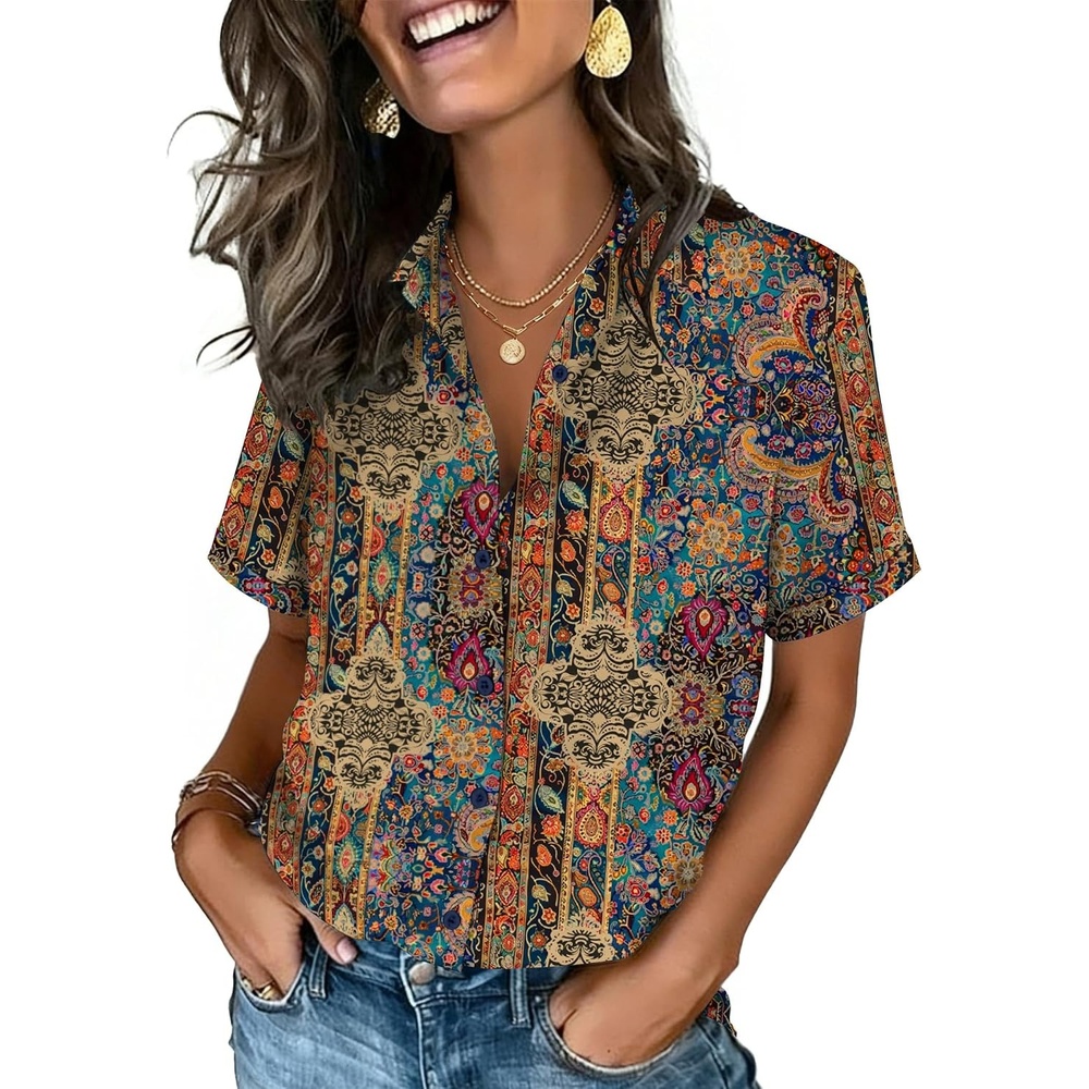 image:imageZeagoo Button Down Shirts for Women Short Sleeve Tops Dressy Casual BlousesMz721multicolored