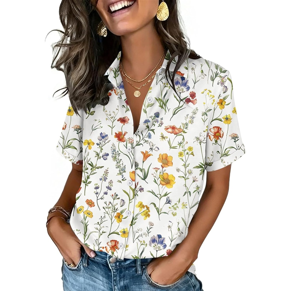 image:imageZeagoo Button Down Shirts for Women Short Sleeve Tops Dressy Casual BlousesXh403yellow Flowers