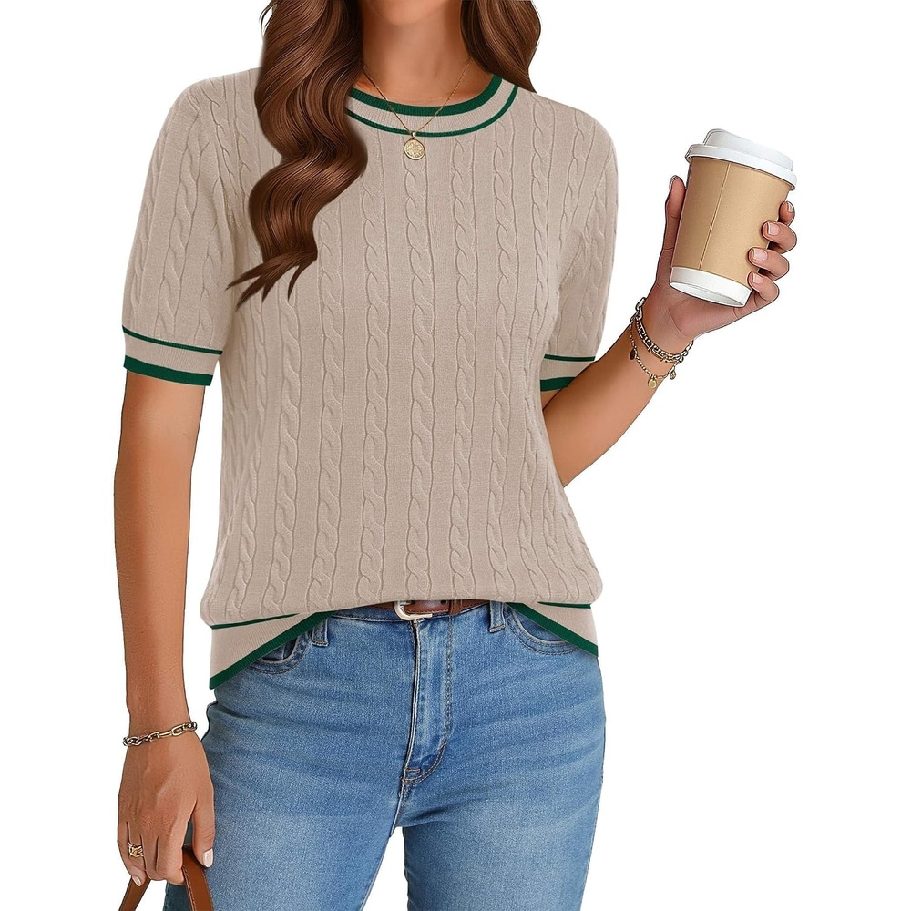 image:imageZeagoo Cable Short Sleeve Sweaters for Women Summer Spring Cute Tops 2026 Trendy Business Causal Outfits Work Blouses ClothesApricot Green Stripe