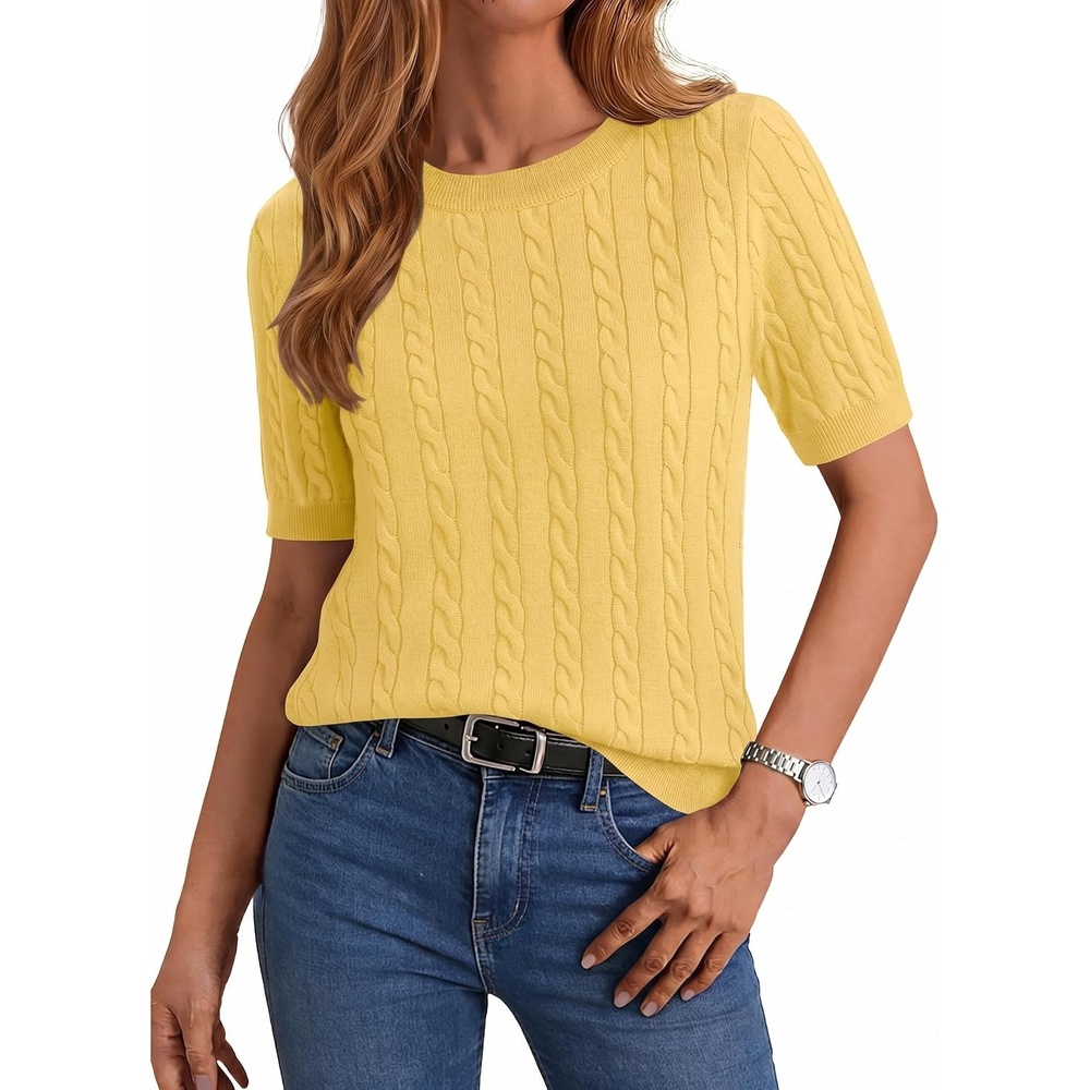 image:imageZeagoo Cable Short Sleeve Sweaters for Women Summer Spring Cute Tops 2026 Trendy Business Causal Outfits Work Blouses ClothesYellow