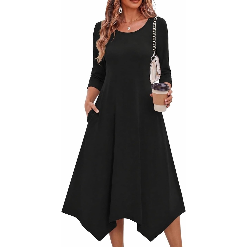 image:imageZeagoo Midi Dresses Women 2026 Dress 34 Sleeve Casual Dresses with Pockets A Line Summer Beach SundressBlack