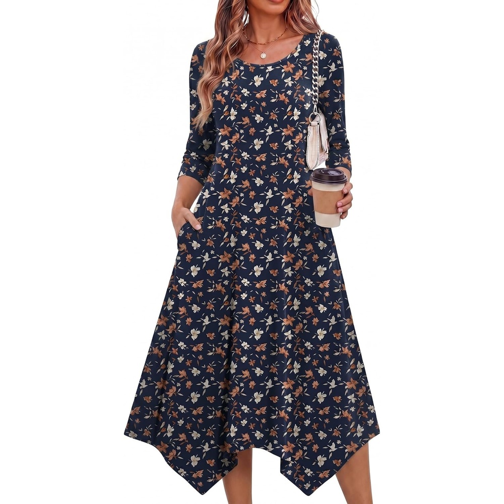 image:imageZeagoo Midi Dresses Women 2026 Dress 34 Sleeve Casual Dresses with Pockets A Line Summer Beach SundressBlue Floral