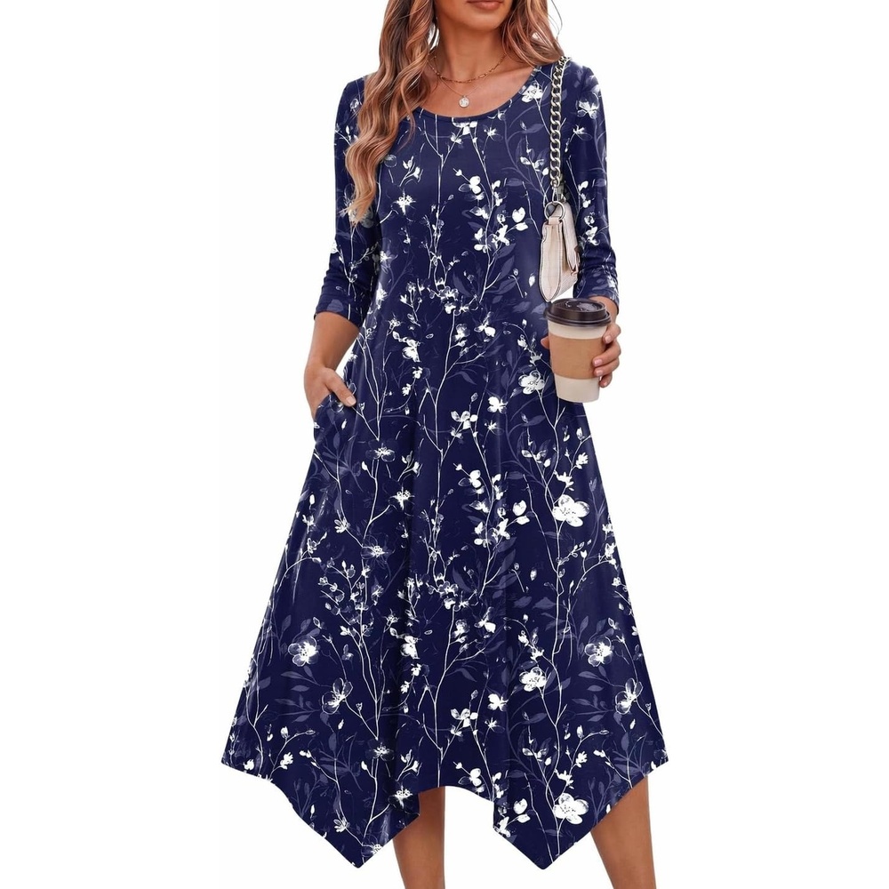 image:imageZeagoo Midi Dresses Women 2026 Dress 34 Sleeve Casual Dresses with Pockets A Line Summer Beach SundressBlue Flower