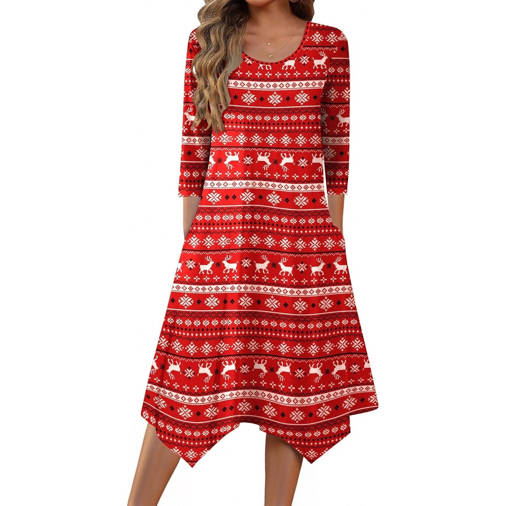 image:imageZeagoo Midi Dresses Women 2026 Dress 34 Sleeve Casual Dresses with Pockets A Line Summer Beach SundressChristmas Elk