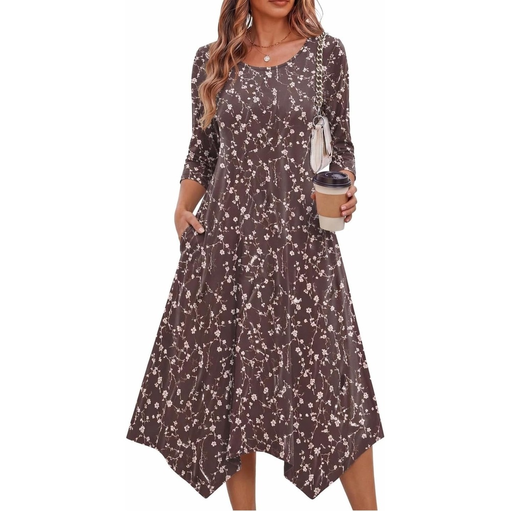 image:imageZeagoo Midi Dresses Women 2026 Dress 34 Sleeve Casual Dresses with Pockets A Line Summer Beach SundressCoffee