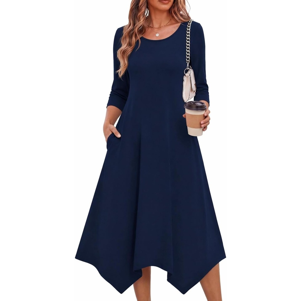 image:imageZeagoo Midi Dresses Women 2026 Dress 34 Sleeve Casual Dresses with Pockets A Line Summer Beach SundressDark Blue