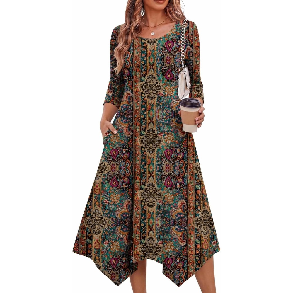 image:imageZeagoo Midi Dresses Women 2026 Dress 34 Sleeve Casual Dresses with Pockets A Line Summer Beach SundressEthnic Brown