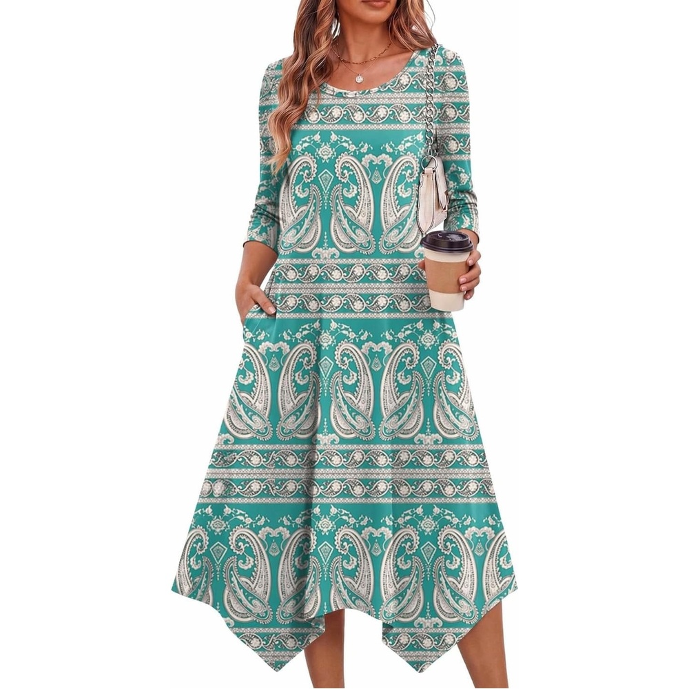 image:imageZeagoo Midi Dresses Women 2026 Dress 34 Sleeve Casual Dresses with Pockets A Line Summer Beach SundressEthnic Green Apricot