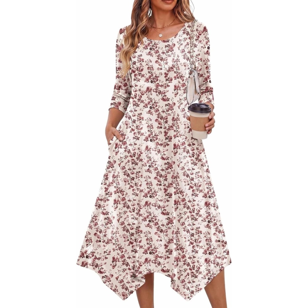 image:imageZeagoo Midi Dresses Women 2026 Dress 34 Sleeve Casual Dresses with Pockets A Line Summer Beach SundressFloral Apricot