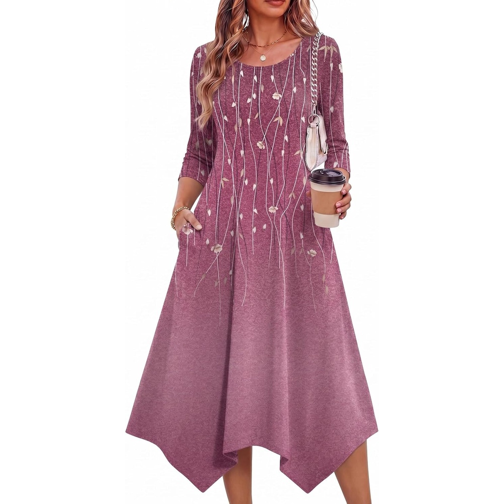 image:imageZeagoo Midi Dresses Women 2026 Dress 34 Sleeve Casual Dresses with Pockets A Line Summer Beach SundressFloral Purple