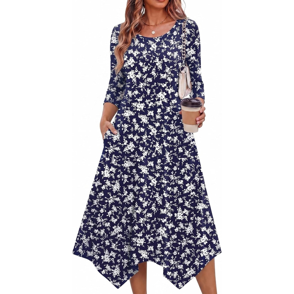 image:imageZeagoo Midi Dresses Women 2026 Dress 34 Sleeve Casual Dresses with Pockets A Line Summer Beach SundressFlower Branch