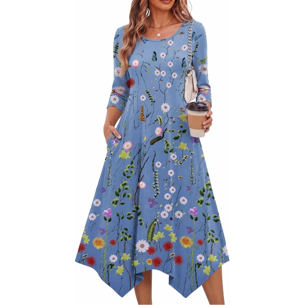 image:imageZeagoo Midi Dresses Women 2026 Dress 34 Sleeve Casual Dresses with Pockets A Line Summer Beach SundressGradient Blue