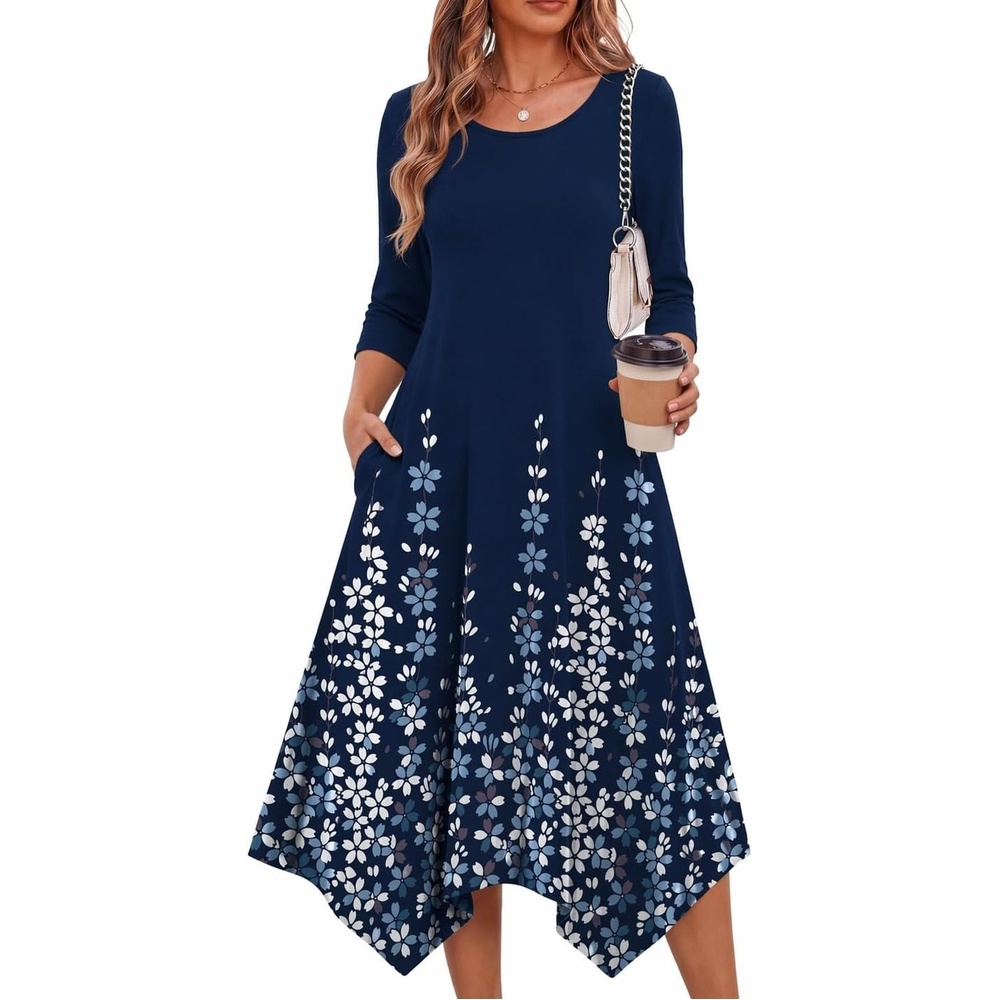 image:imageZeagoo Midi Dresses Women 2026 Dress 34 Sleeve Casual Dresses with Pockets A Line Summer Beach SundressNavy Blue Floral