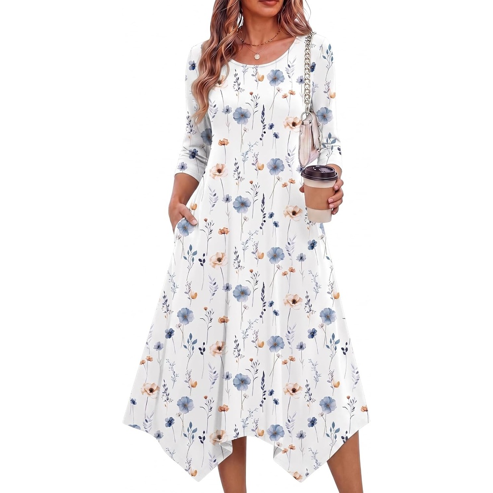 image:imageZeagoo Midi Dresses Women 2026 Dress 34 Sleeve Casual Dresses with Pockets A Line Summer Beach SundressWhite Blue