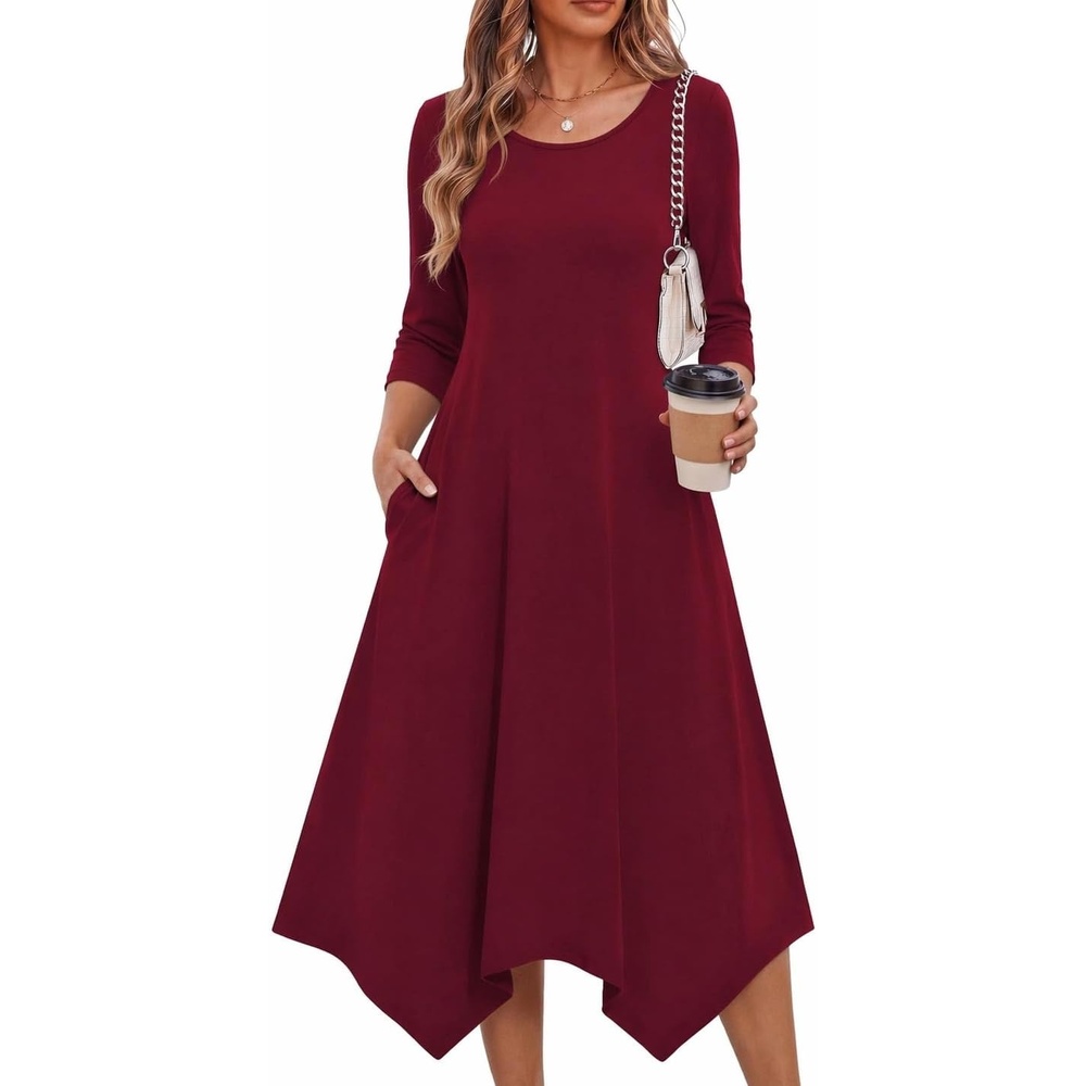 image:imageZeagoo Midi Dresses Women 2026 Dress 34 Sleeve Casual Dresses with Pockets A Line Summer Beach SundressWine Red