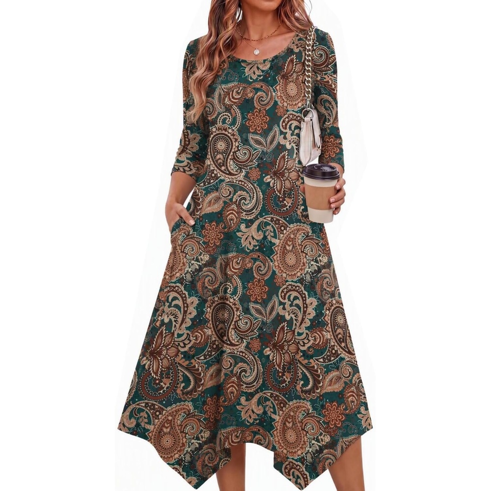 image:imageZeagoo Midi Dresses Women 2026 Dress 34 Sleeve Casual Dresses with Pockets A Line Summer Beach SundressYg28