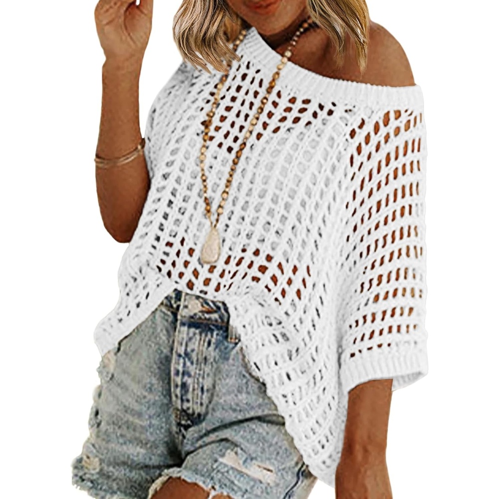 image:imageZeagoo Short Sleeve Crochet Sweater Lightweight Summer Tops Beach Cover UpsAwhite