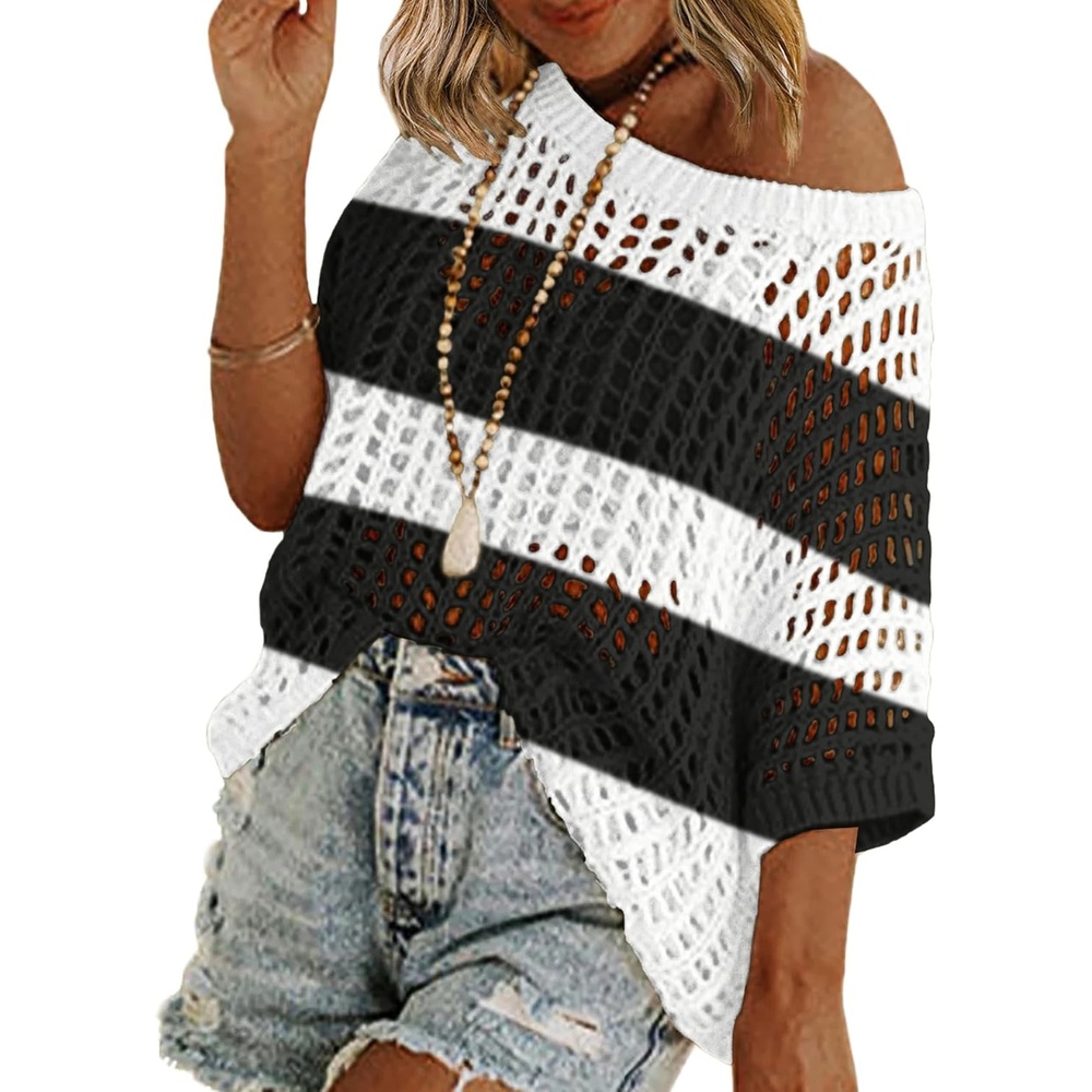 image:imageZeagoo Short Sleeve Crochet Sweater Lightweight Summer Tops Beach Cover UpsBlack White Stripes