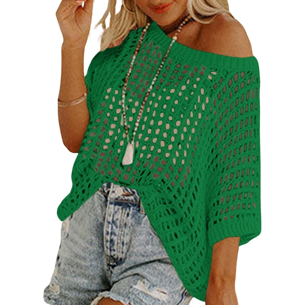 image:imageZeagoo Short Sleeve Crochet Sweater Lightweight Summer Tops Beach Cover UpsGreen