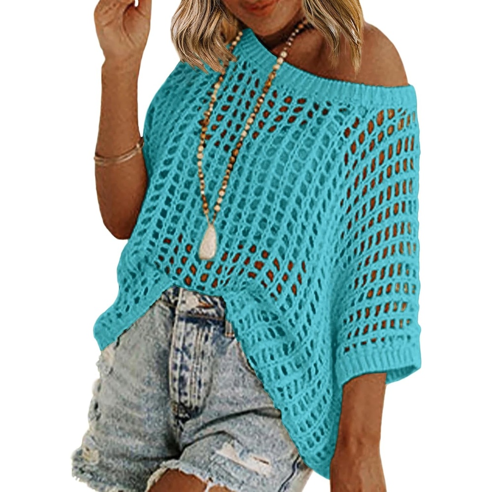 image:imageZeagoo Short Sleeve Crochet Sweater Lightweight Summer Tops Beach Cover UpsPeacock Blue