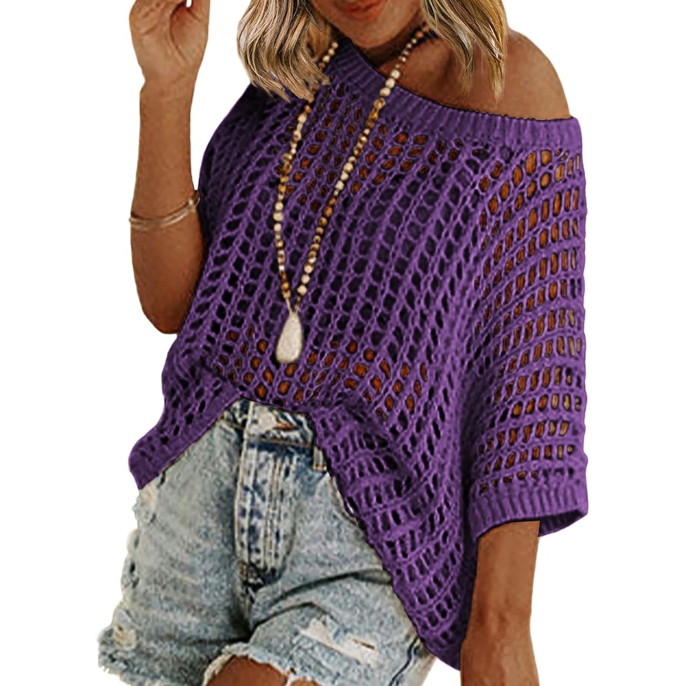 image:imageZeagoo Short Sleeve Crochet Sweater Lightweight Summer Tops Beach Cover UpsPurple