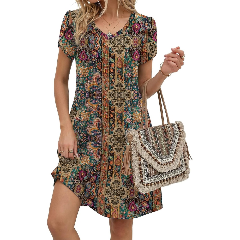 image:imageZeagoo Summer Dresses for Women Casual A Line Dress 2026 V Neck Short Dresses Floral Sundress Pleated Boho DressBoho Brown Print