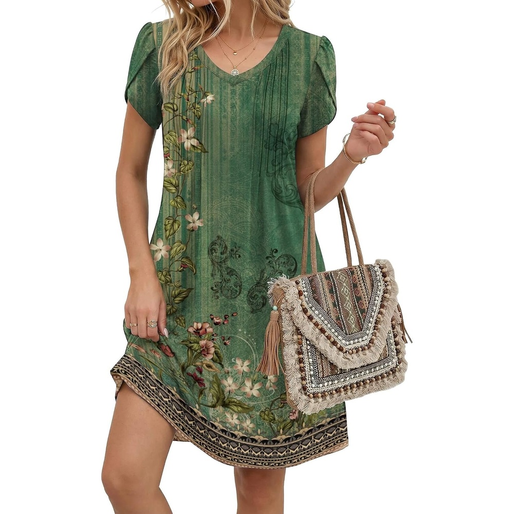 image:imageZeagoo Summer Dresses for Women Casual A Line Dress 2026 V Neck Short Dresses Floral Sundress Pleated Boho DressGreen Floral 01