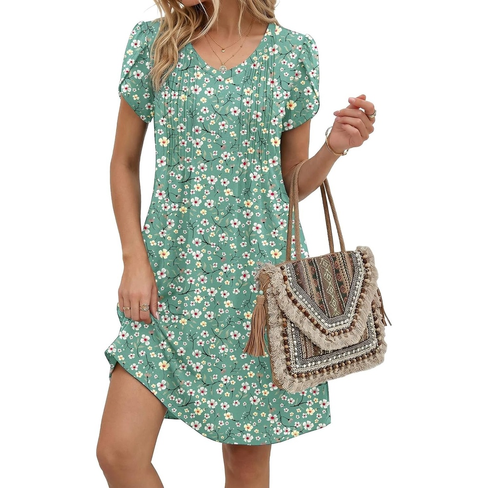 image:imageZeagoo Summer Dresses for Women Casual A Line Dress 2026 V Neck Short Dresses Floral Sundress Pleated Boho DressGreen Floral 02