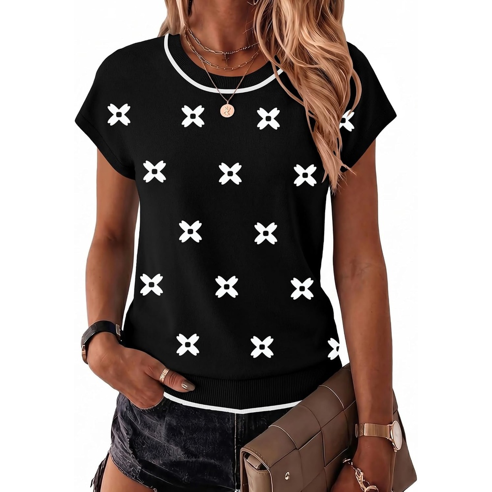 image:imageZeagoo Sweaters for Women Tops Short Sleeve Crewneck Basic Fashion ClothingWhite Floralblack Jh454