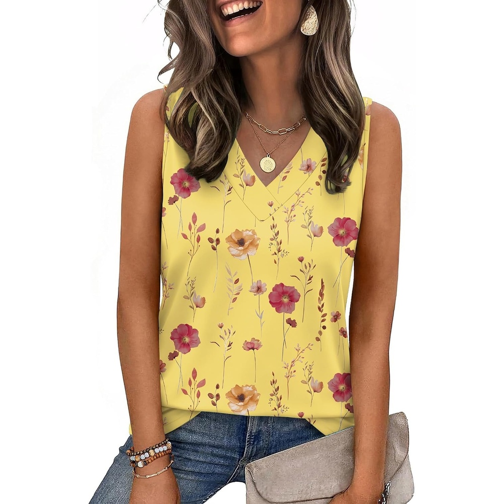 image:imageZeagoo Tank Top for Women V Neck Loose Fit Sleeveless Summer Tops Shirts01 Yellow Flowers