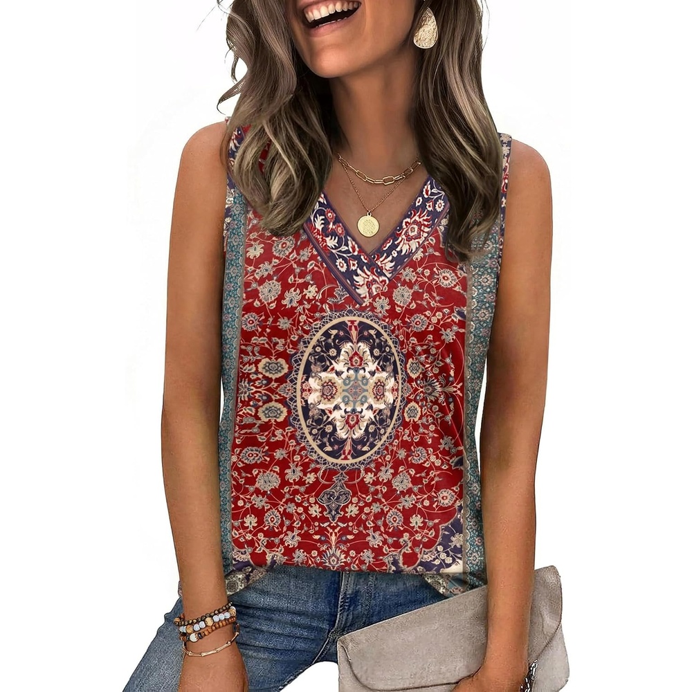 image:imageZeagoo Tank Top for Women V Neck Loose Fit Sleeveless Summer Tops ShirtsFloral Red 870