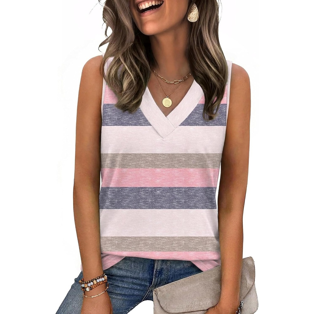 image:imageZeagoo Tank Top for Women V Neck Loose Fit Sleeveless Summer Tops ShirtsStriped Pink