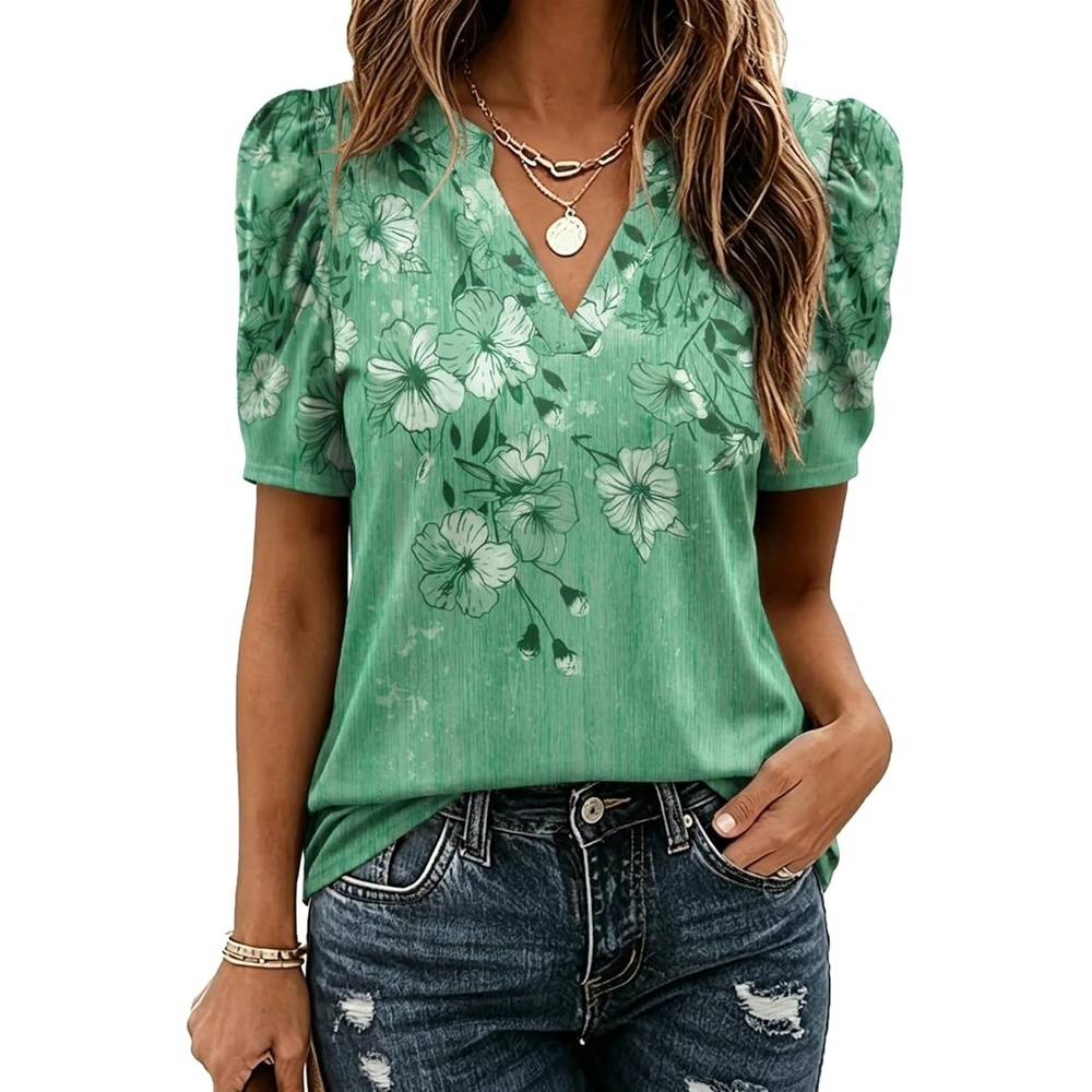 image:imageZeagoo Women Blouses Puff Short Sleeve Tops V Neck Dressy Casual Spring Shirts Boho Floral Cute Clothes 2026Bf180green Flowers