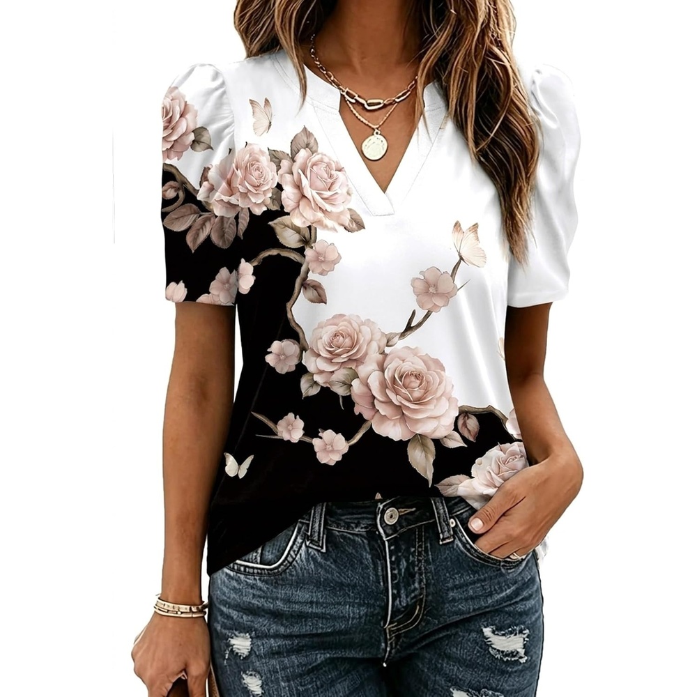 image:imageZeagoo Women Blouses Puff Short Sleeve Tops V Neck Dressy Casual Spring Shirts Boho Floral Cute Clothes 2026Bf347pattern
