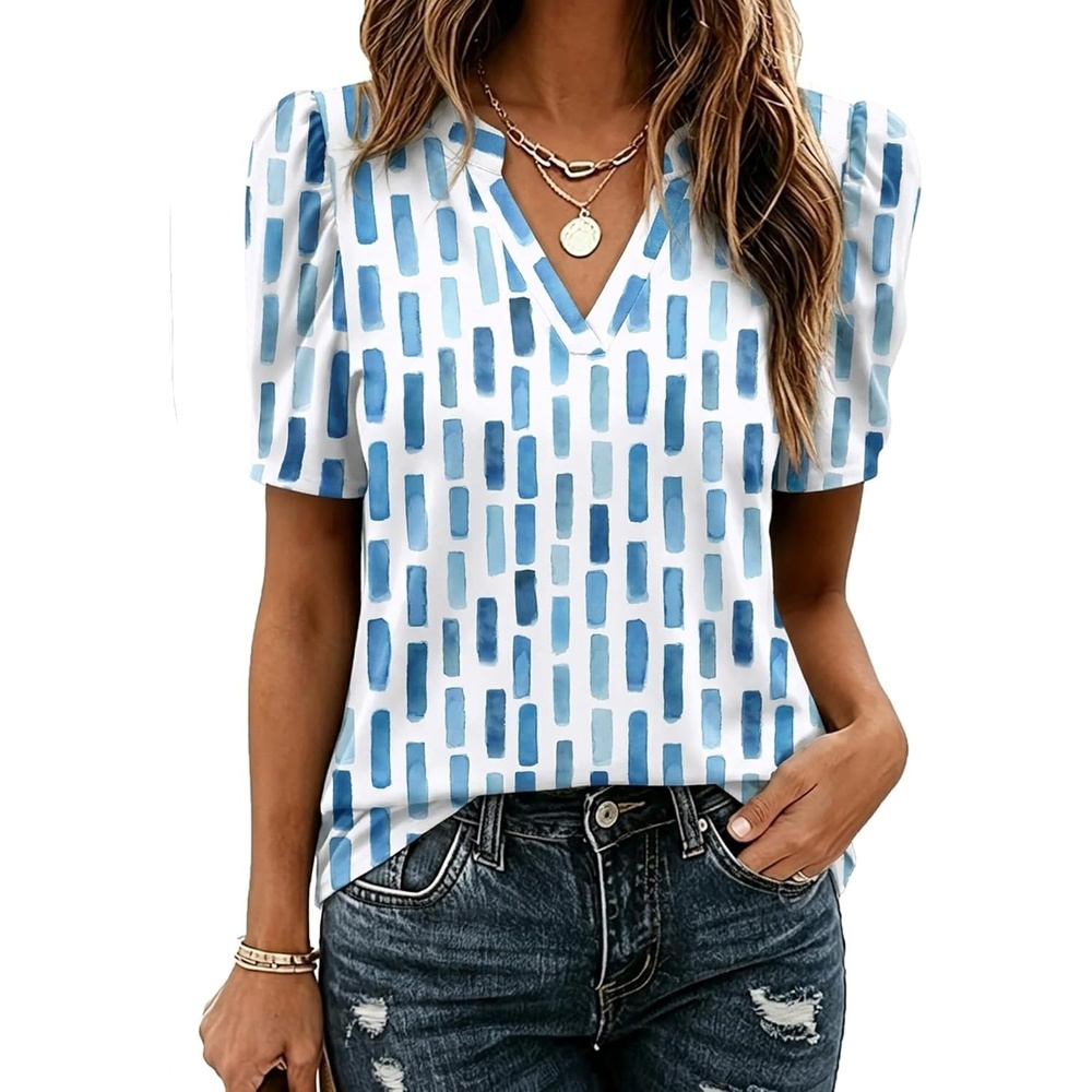 image:imageZeagoo Women Blouses Puff Short Sleeve Tops V Neck Dressy Casual Spring Shirts Boho Floral Cute Clothes 2026Cx329blue