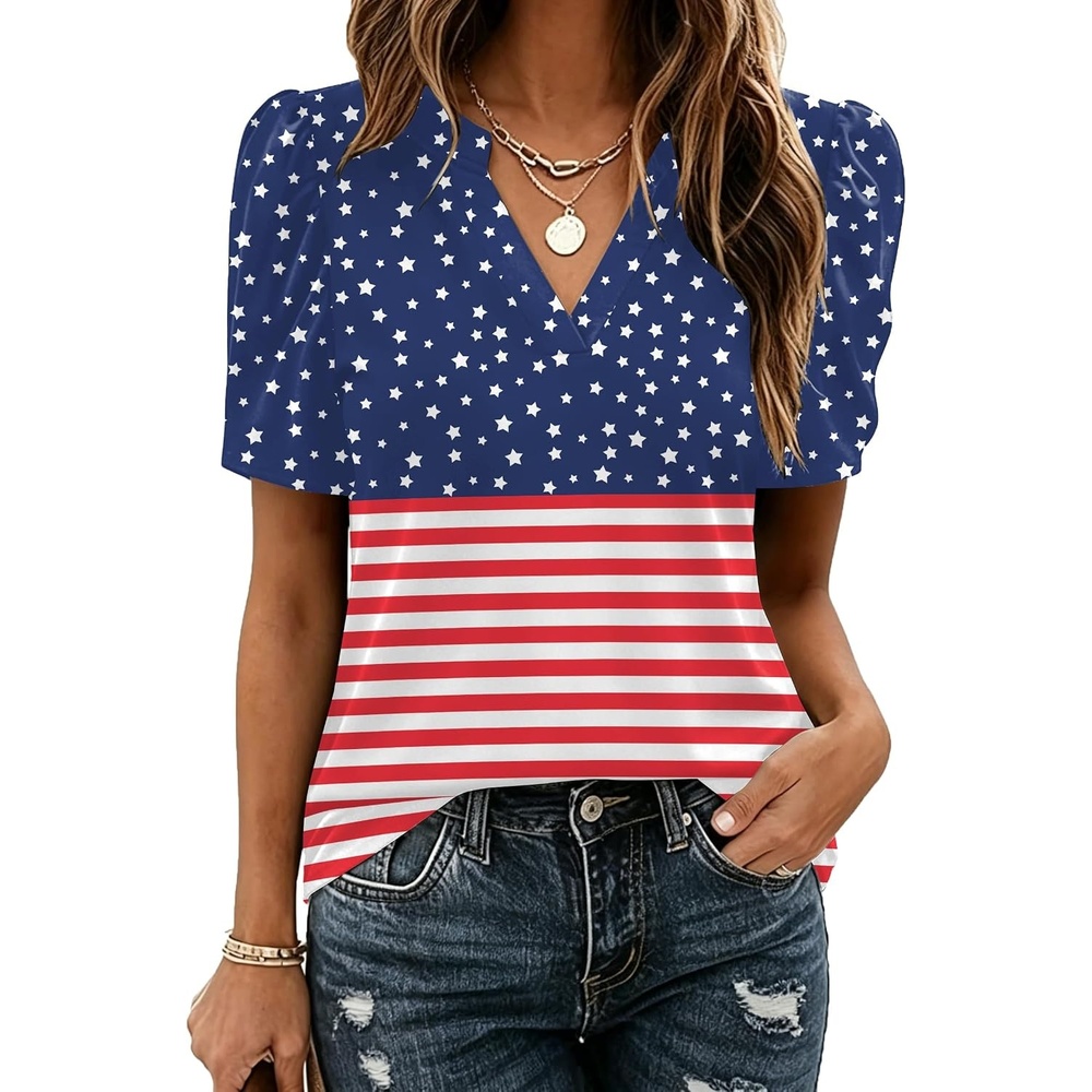 image:imageZeagoo Women Blouses Puff Short Sleeve Tops V Neck Dressy Casual Spring Shirts Boho Floral Cute Clothes 2026Gq50 Flag