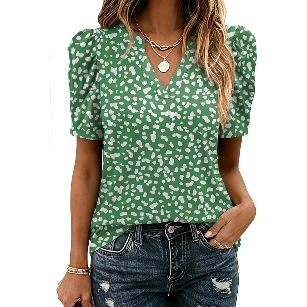 image:imageZeagoo Women Blouses Puff Short Sleeve Tops V Neck Dressy Casual Spring Shirts Boho Floral Cute Clothes 2026Jh560green